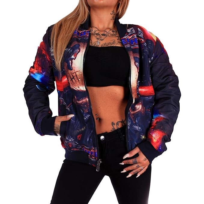 Violento Digitaldruck Jacke Kurzjacke | Wendejacke | Beidseitig Tragbar| Kurze Übergangsjacke | Frauen Bomberjacke | Fliegerj