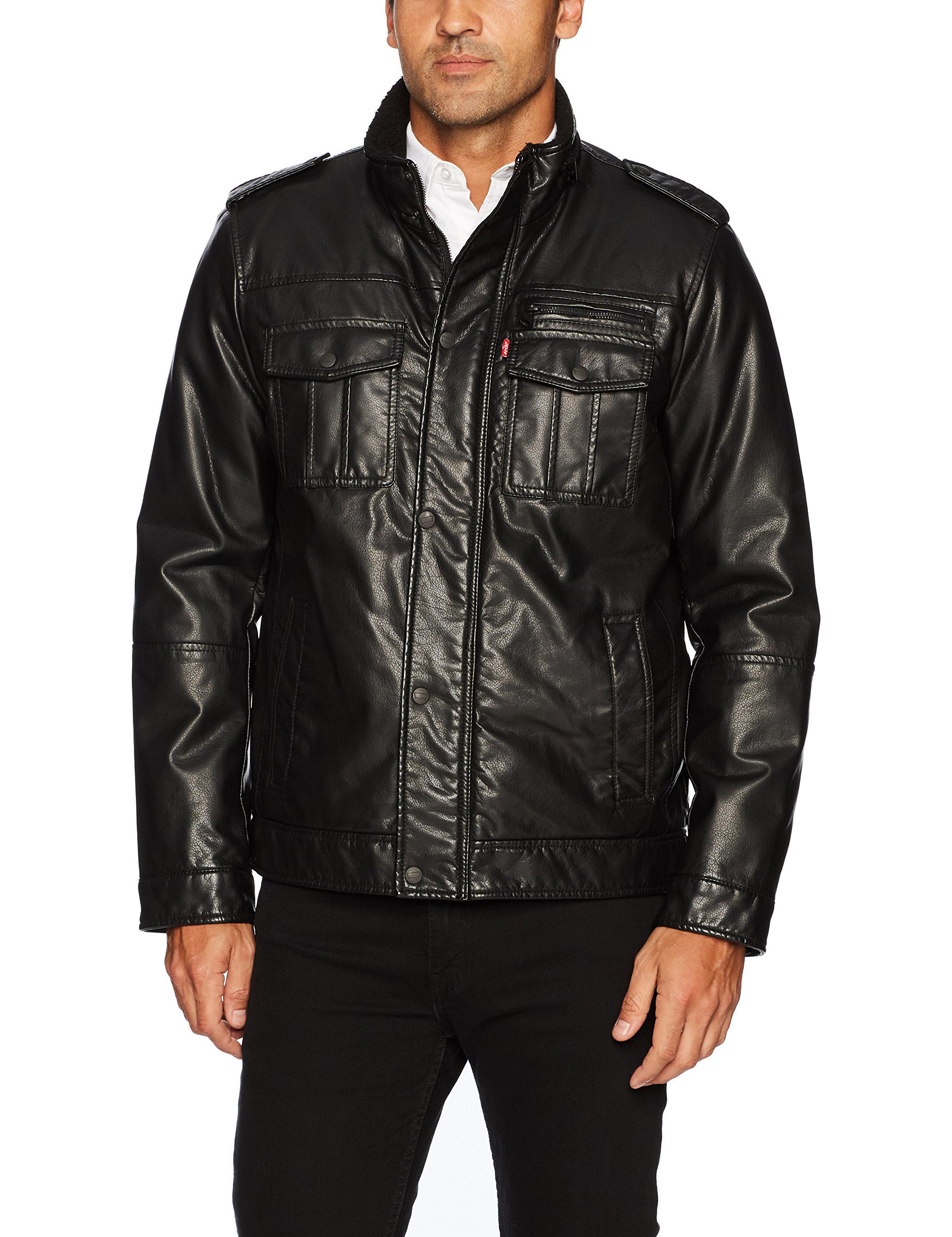 Levi's Men's Vintage Deer Faux Leather Sherpa Military Jacket, Black