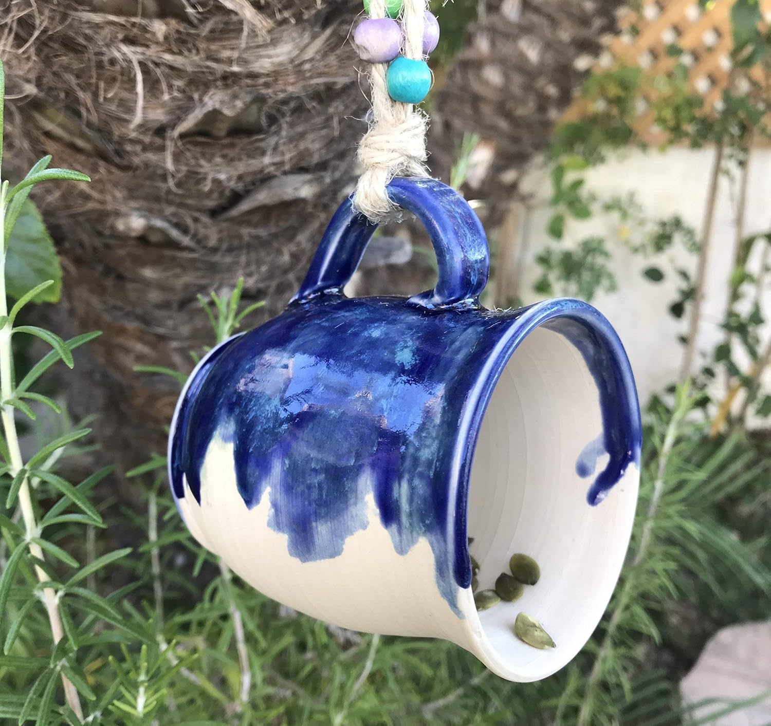 Amazon Com Blue And Cream Hanging Bird Feeder Handmade Ceramic