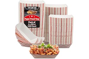 Eco-Craze (2 lb, 32 oz, 1000 PCS) Paper Food Trays, Heavy Duty Disposable Food Boats, Grease Resistant Paper Tray, Red Check 