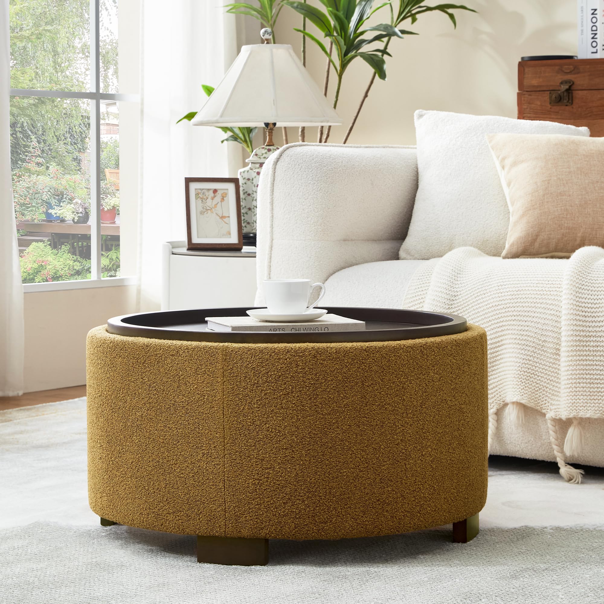 Zihanhome 30 Inch Round Storage Ottoman, Ottoman Coffee Table with Lift Off Lid, Boucle Modern Ottomans with Storage for Living Room, Bedroom, Apartments (Yellow)