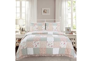 Cozy Line Home Fashions 100% Cotton Real Patchwork Floral Coral Pink Ruffled Shabby Chic Girly Reversible Quilt Bedding Set, Coverlet Bedspread (Sweet Roses, King - 3 Piece)