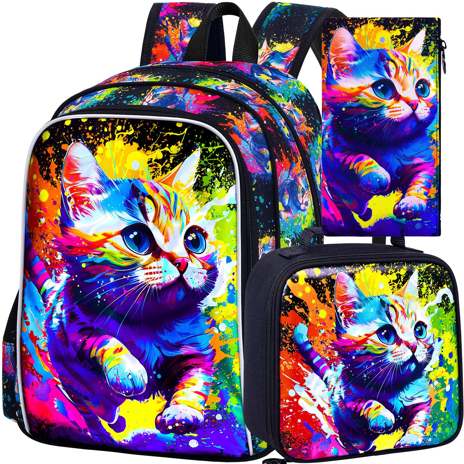 Photo 1 of FTJCF Cat Backpack for Girls, 16" Kids Bookbag with Lunch Box?3Pcs School Backpacks for Elementary Preschool Kindergarten (Graffiti)