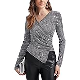 PEIQI Women's Rhinestone Top Long Sleeve Shimmer Glitter Sparkly Blouse for Cocktail Party Evening Shirts