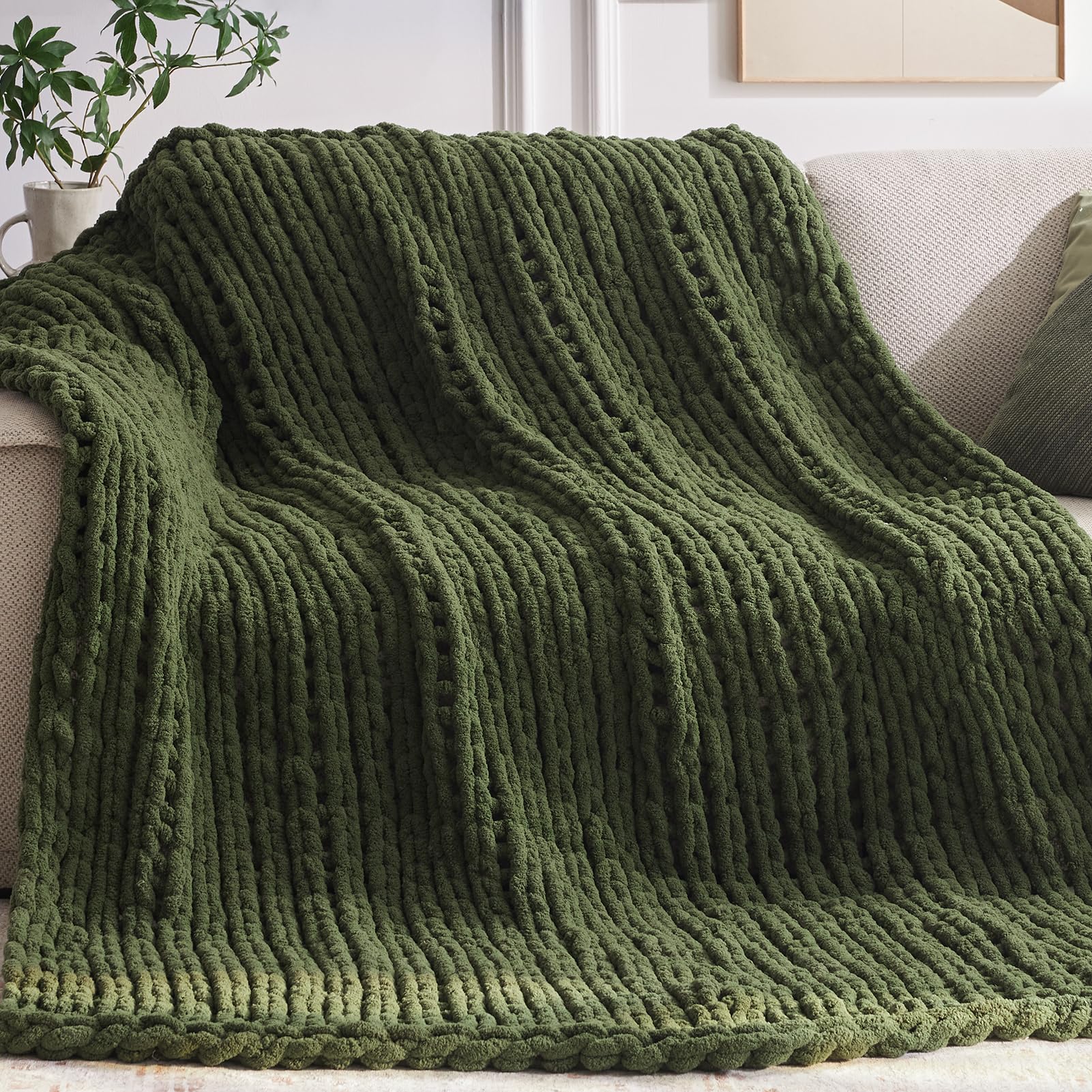 Negwoo Chunky Knit Throw Blanket, 40''*50'' Knitted Throw Chenille Yarn for Bed Couch, Handmade Green Crochet Big Thick Blanket, Machine Washable Cute Comfy Blanket for Home Decor Image