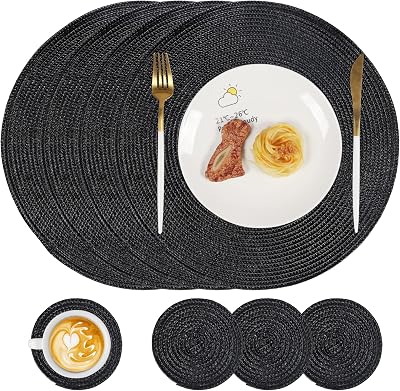Famibay Round Placemats and Coasters Set of 4 Black 34cm 10cm