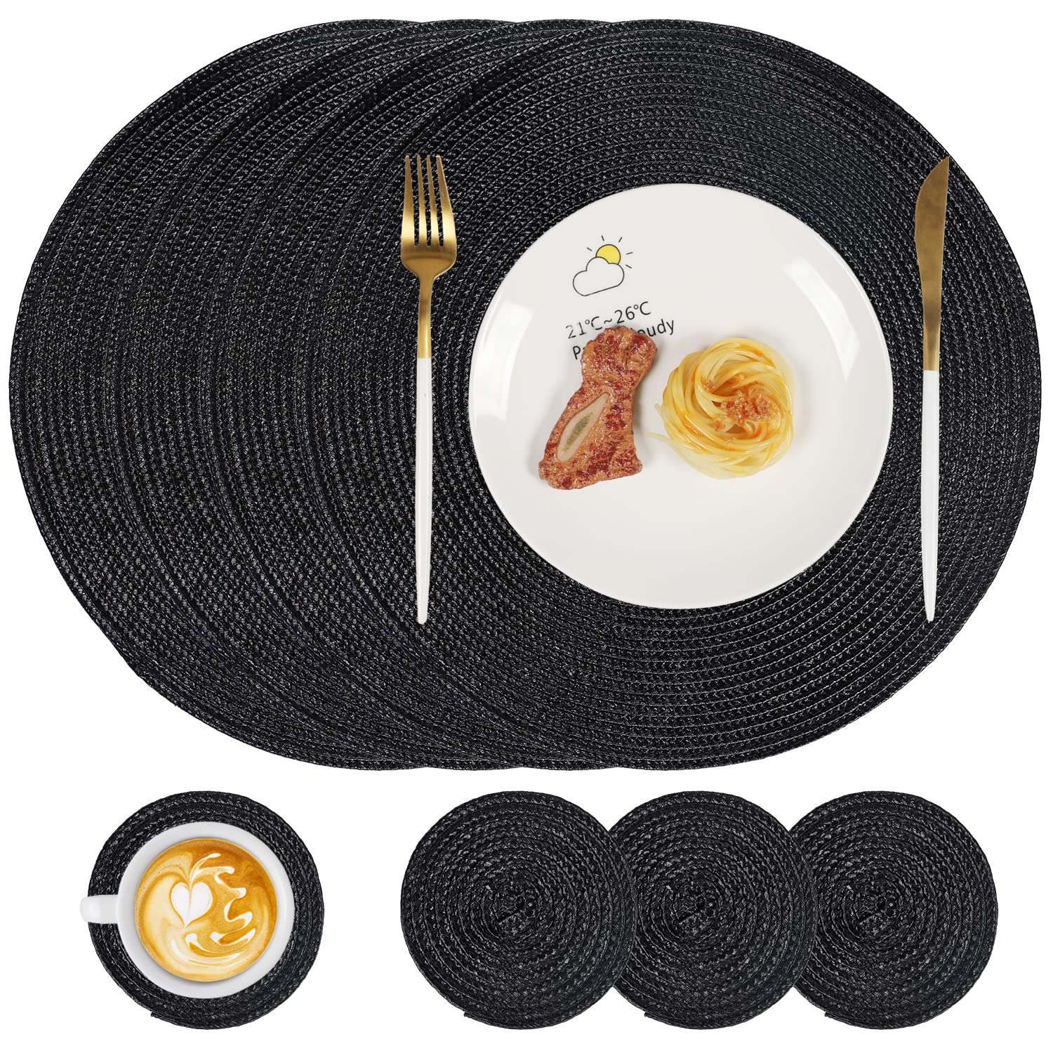 famibay Placemats and Coasters Set of 4 Round Woven Placemats Washable Heat Resistant Place Mats Round Table Mats and Coasters Black for Kitchen Dining Table