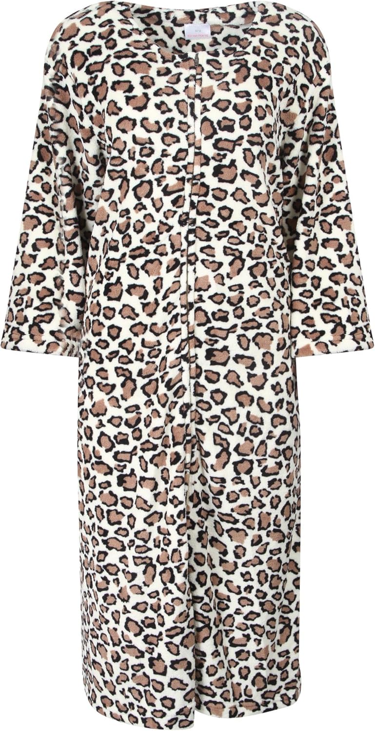 Storelines Ladies Zip Front Animal Print Fleece Dressing Gown. Ivory