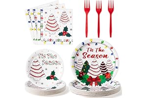 G1ngtar 96Pcs Christmas Tree Cake Party Plate Supplies - Snack Cake Xmas Tree Party Tableware Decoration Cute Tis The Season Disposable Paper Plate Napkin Fork for Winter Holiday Birthday, Serves 24