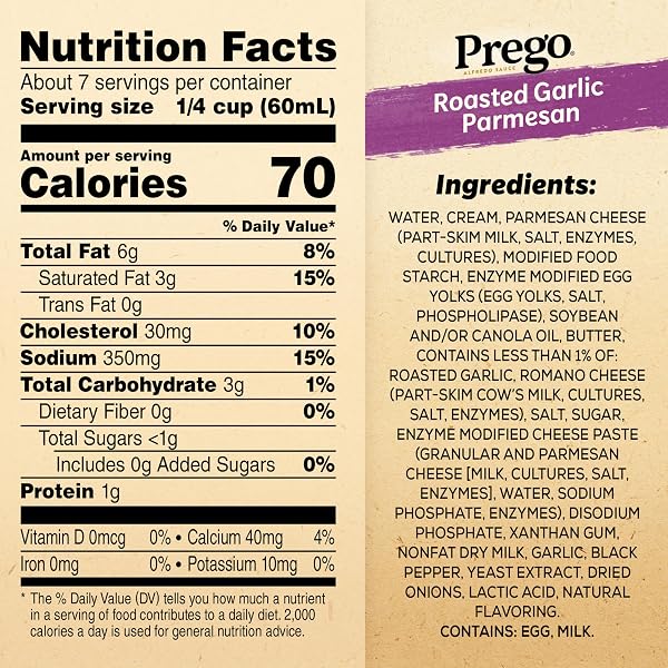 PREGO ALFREDO PASTA SAUCE WITH ROASTED GARLIC AND PARMESAN CHEESE, 14.5 OZ JAR