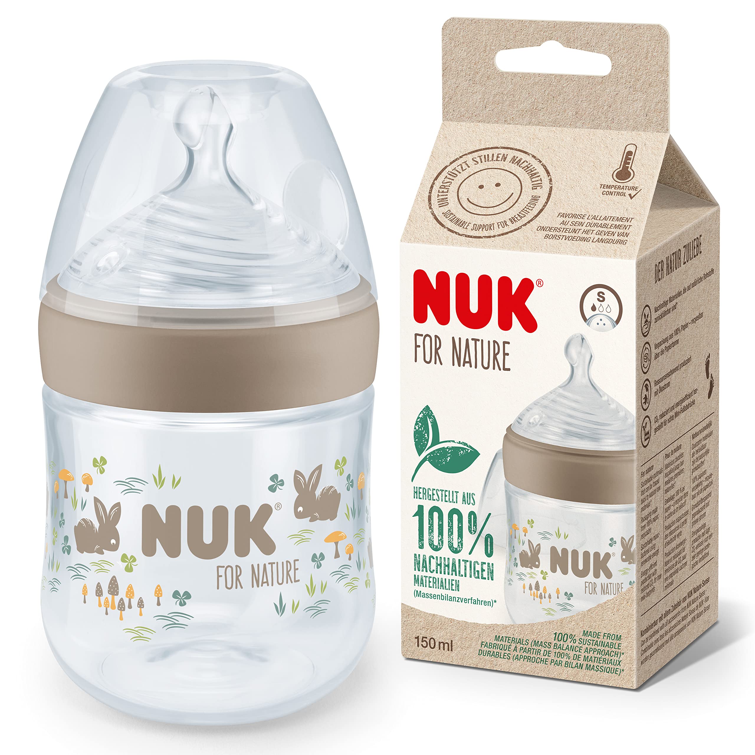 NUK for Nature Baby Bottle | Small Teat | 150 ml | Breast-Like Ant-Colic Silicone Teat | Temperature Control | Sustainable, BPA-Free Materials | Beige
