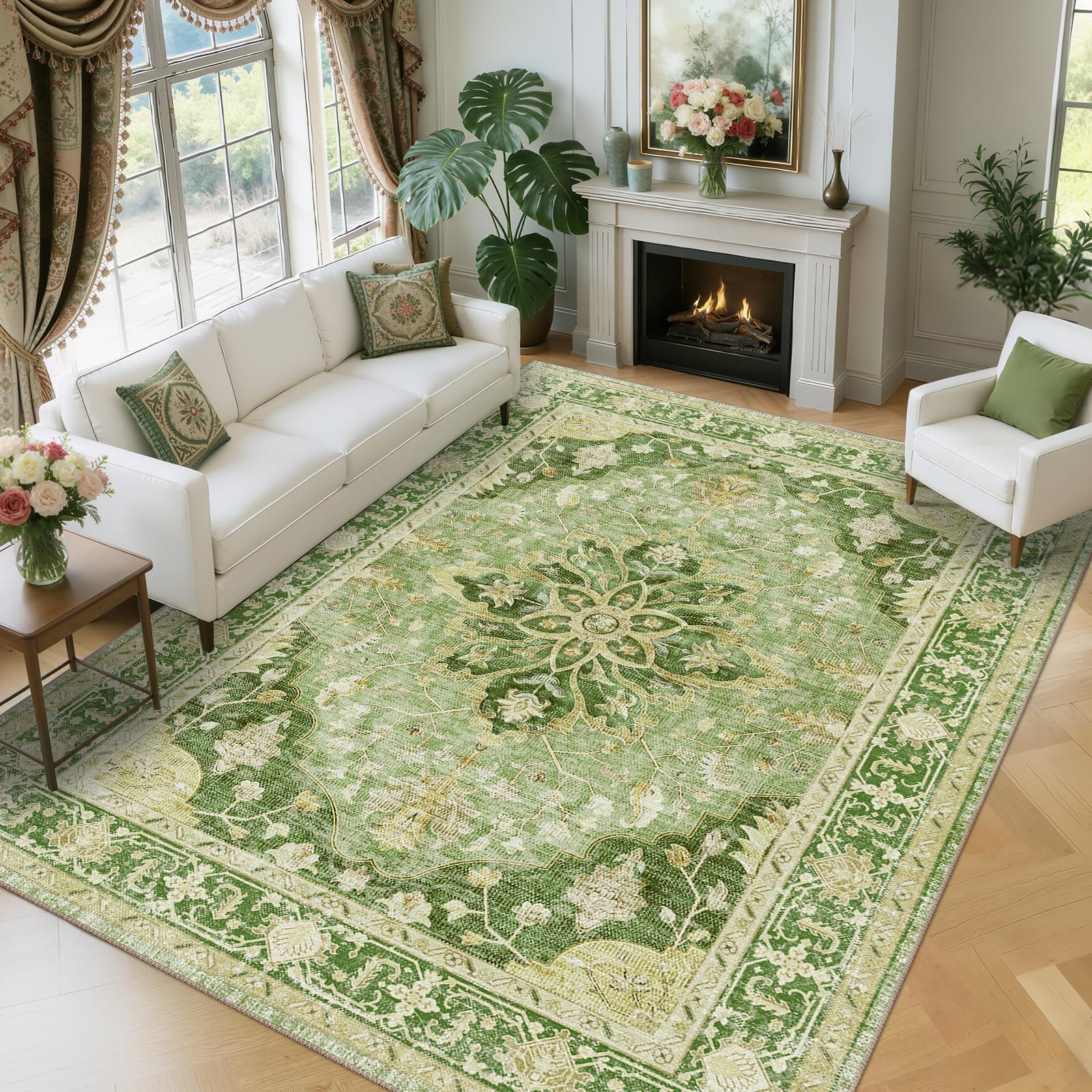RELEANY Area Rugs 9'x12' Washable Non-Slip, Floral Vintage Distress Print Pattern Medallion Carpet for Living Room Bedroom Dining Room, Sage Green Yellow Image