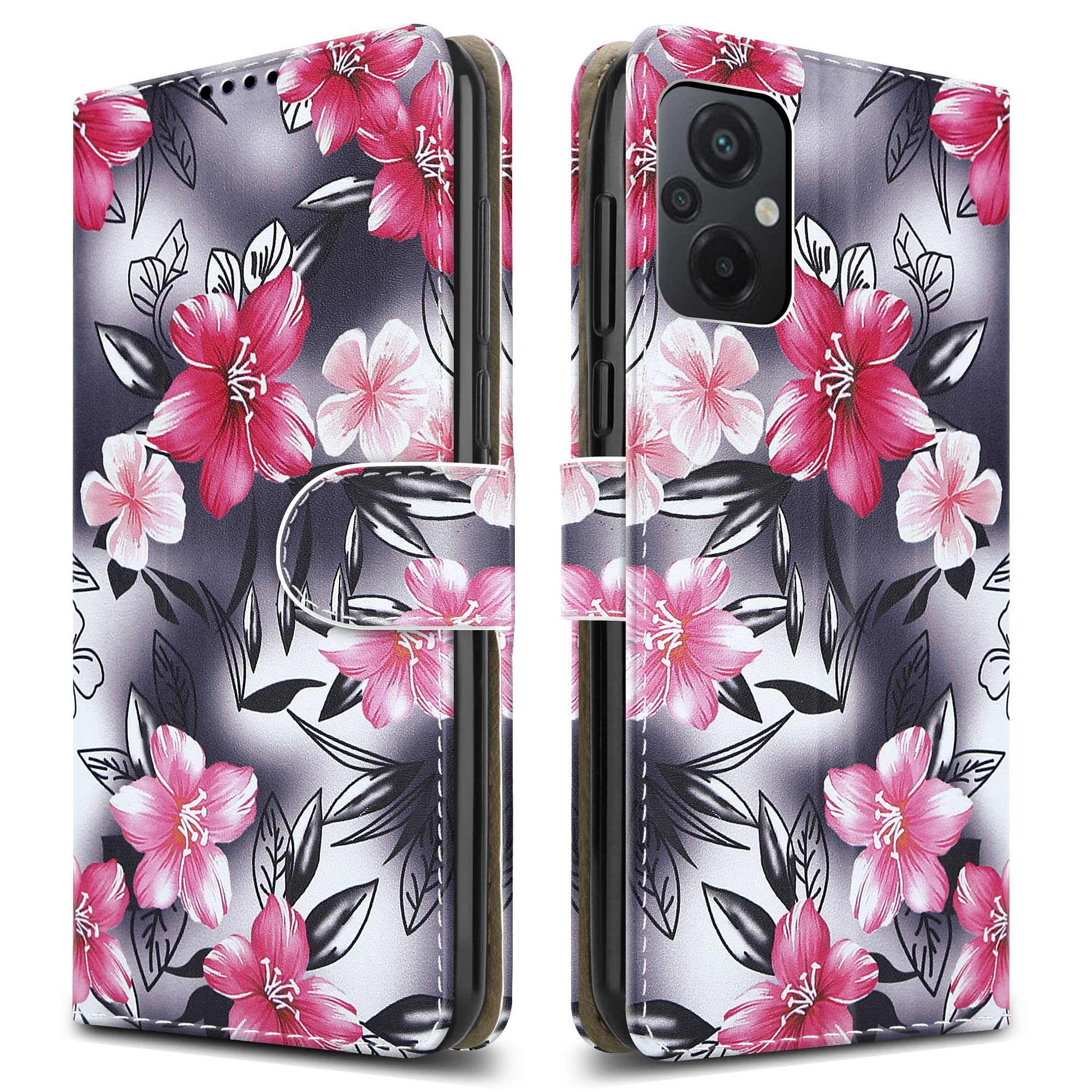 PIXFAB For Xiaomi Poco M5 Leather Phone Case, Magnetic Closure Full Protection Book Folio Design, Wallet Case Cover [Card Slots] and [Kickstand] For Xiaomi Poco M5 - Flower