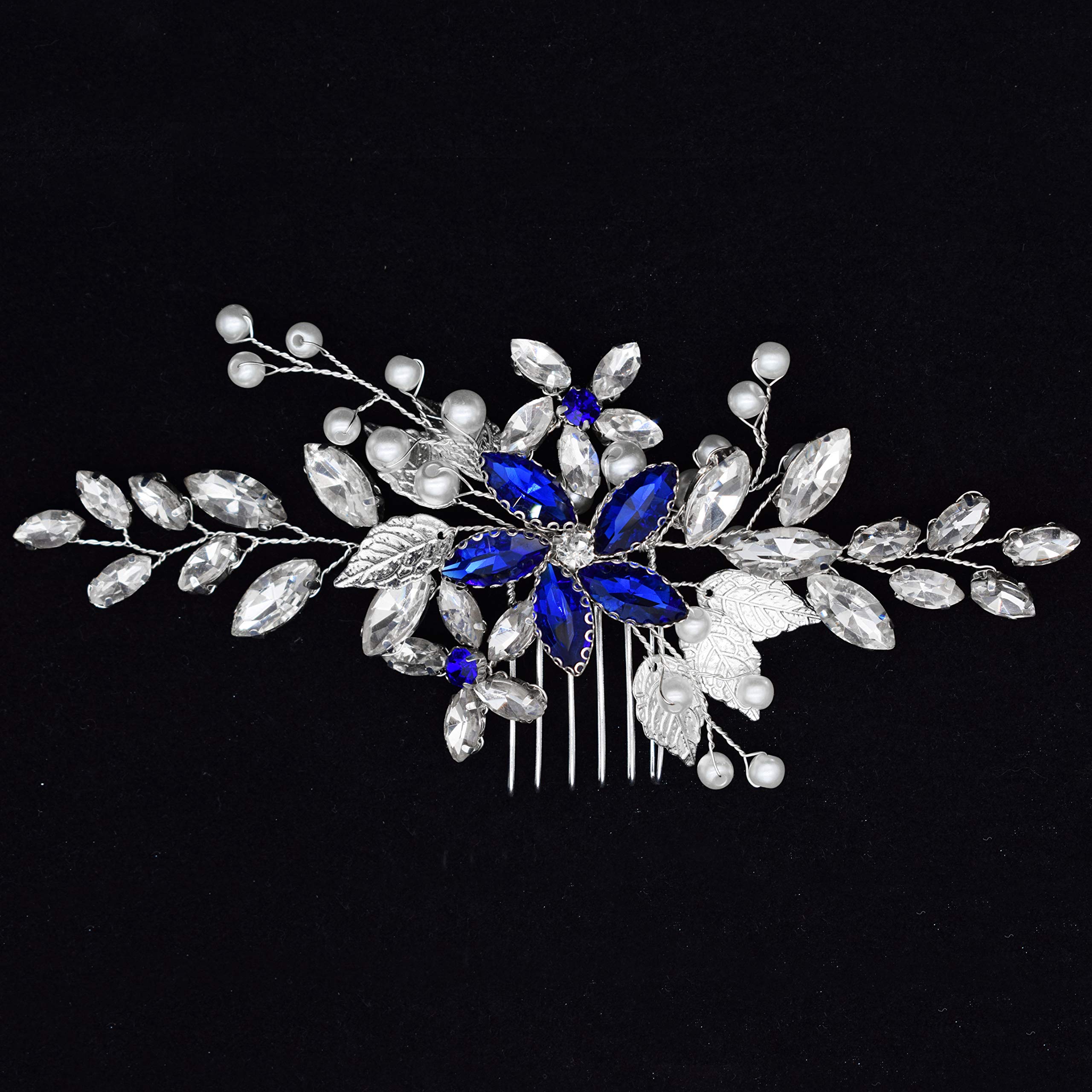 Wedding Hair Accessories, Fanvoes Hair Pieces Comb for Brides Bridal Silver Vintage Headpiece Comb Hair Clip Barrette Decorations Handmade Blue Sapphire Rhinestone Crystal for Women Bridesmaid