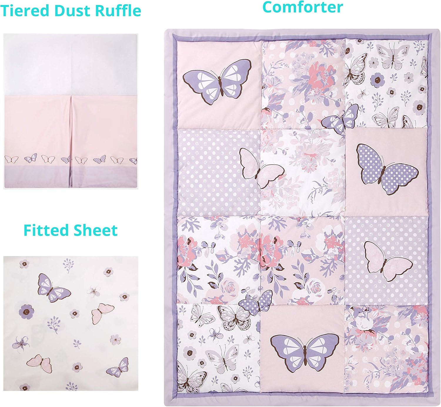 La Premura Butterfly Baby Nursery Crib Bedding Set for Girls – Butterfly 3 Piece Standard Size Crib Bedding Sets in Pastel Pink and Purple: Kitchen & Dining