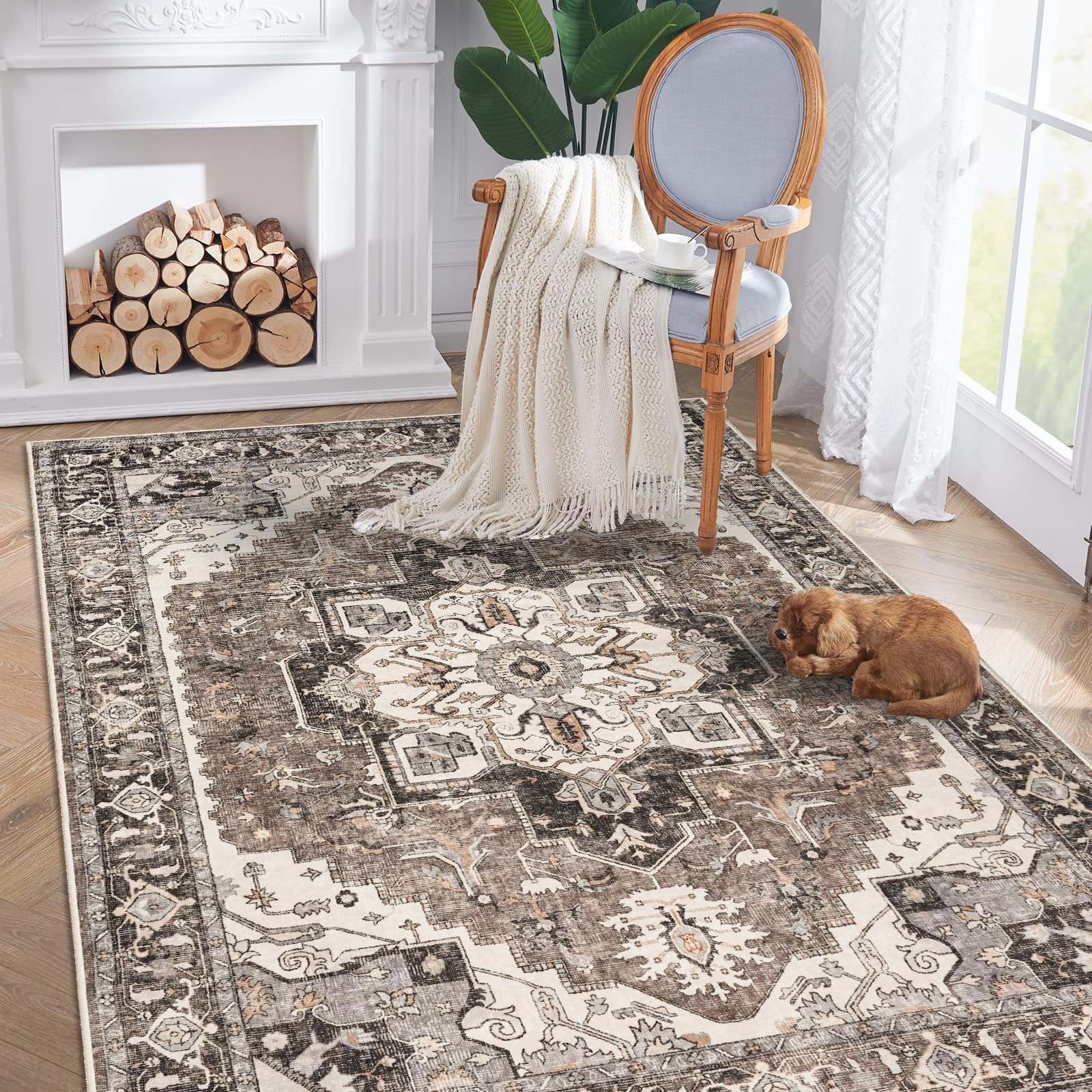 Photo 1 of Washable Living Room Area Rug - 5'x7 'Large Bedroom Rug Distressed Oriental Non-Slip Non-Shedding Print Floor Carpet for Dining Room Kitchen (Beige, 5 x 7)