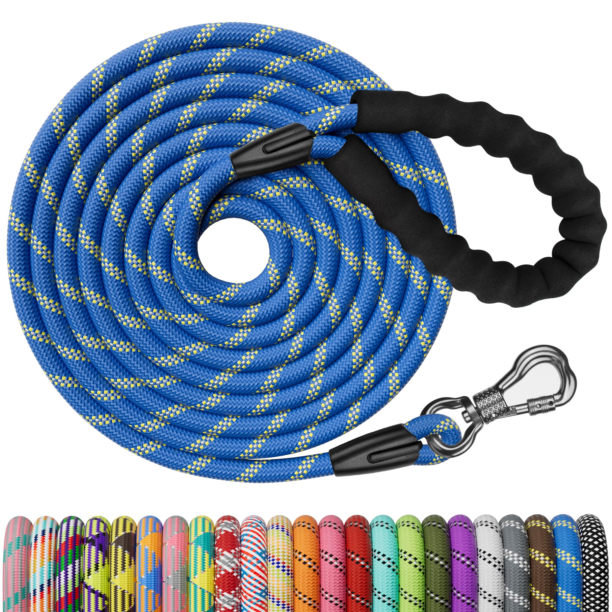 NTR Reflective Dog Lead with 360° Swivel Lockable Hook, Mountain Dog Leash, Breaking Load: 1000 LB, Training Lead for Small, Medium and Large Dogs, Dia: 1/3 3/8 1/2 Inch, Length: 15 20 30 50 100 FT