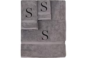 BC BARE COTTON Monogrammed Towel Set, Personalized Gift, Set of 3- Black Block Letter Embroidered Towel - Extra Absorbent 100% Turkish Cotton - Soft Terry Finish - Initial S Gray