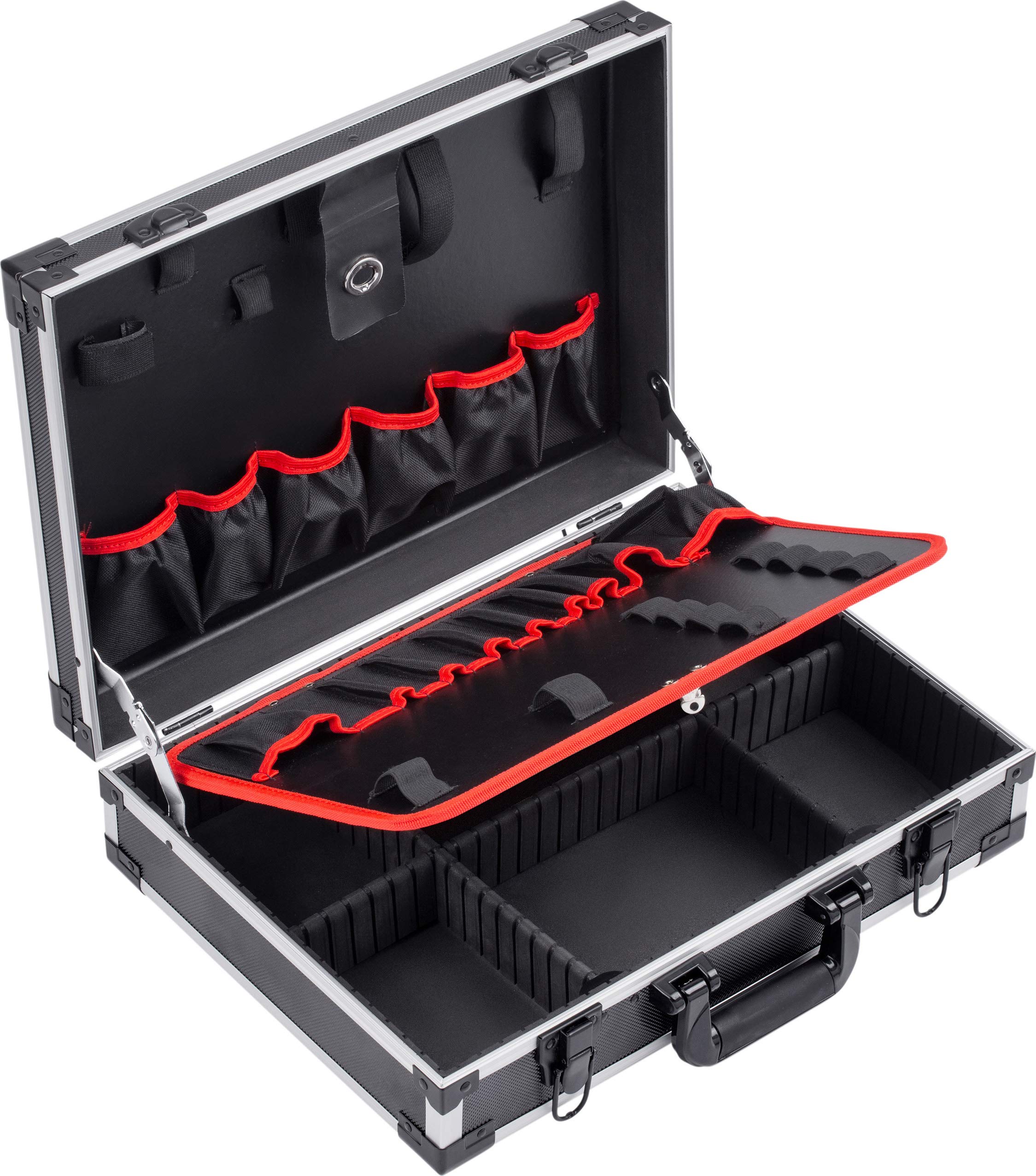 Meister 9095070 Empty Tool Box 460 x 320 x 140 mm Individual Compartments 15 Tool Pockets with Rubber Bands 15 kg Load Capacity Sturdy Aluminium Case/Tool Box/Organiser