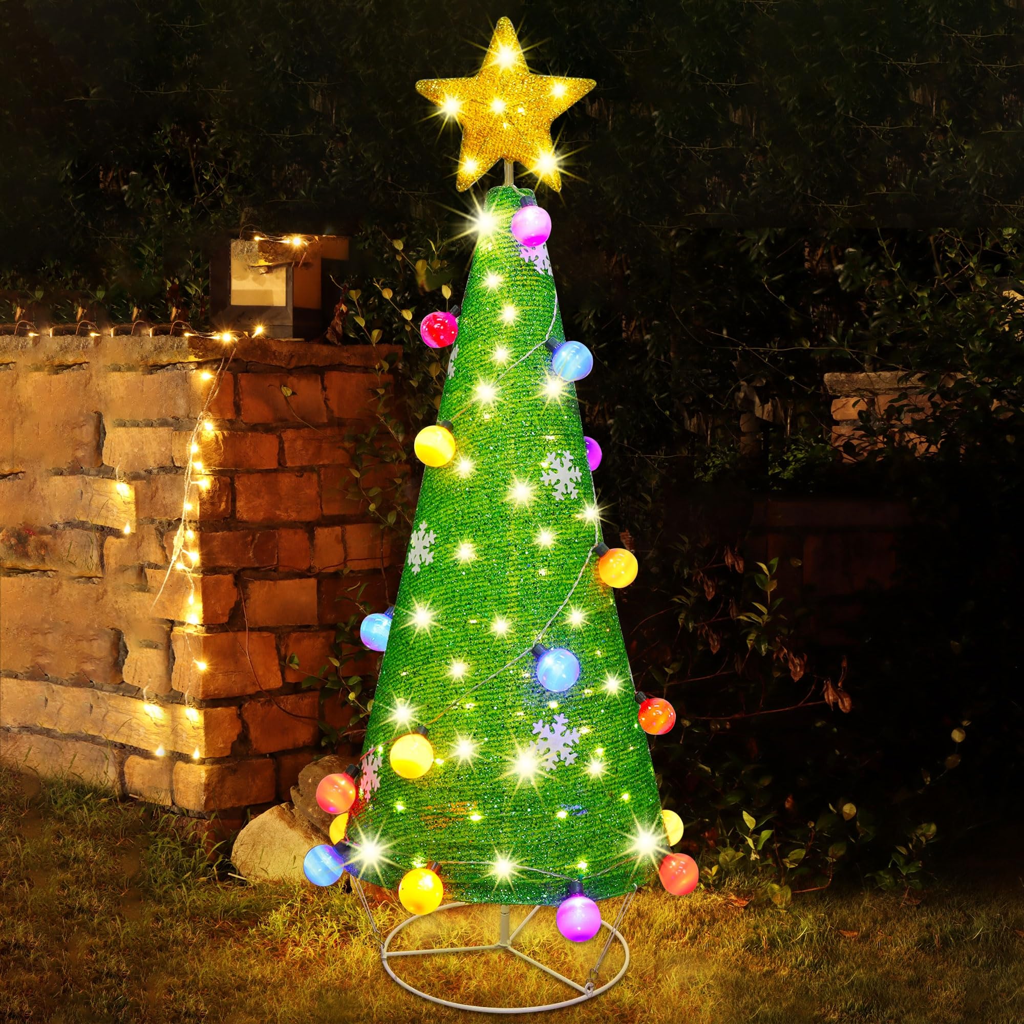 Photo 1 of Lulu Home 4.3 FT Collapsible Christmas Tree Decoration, 110 LEDs Lighted Fabric Christmas Tree with Star Topper & Colorful Balls, Plug-in Foldable Light Up Cone Xmas Tree Indoor Outdoor Yard Decor