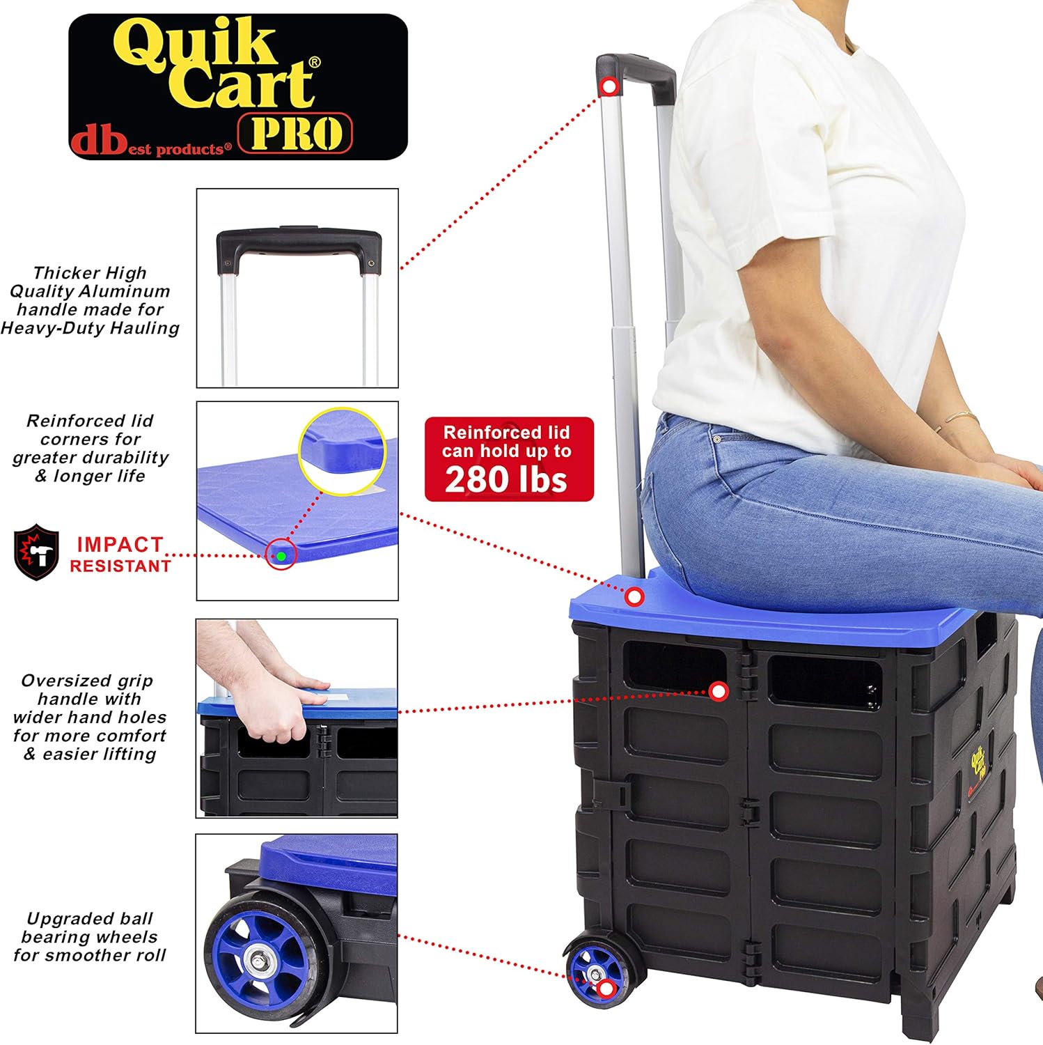 dbest products Quik Cart Pro Wheeled Rolling Crate Teacher Utility with seat Heavy Duty Collapsible Basket with Handle, Blue: Home & Kitchen