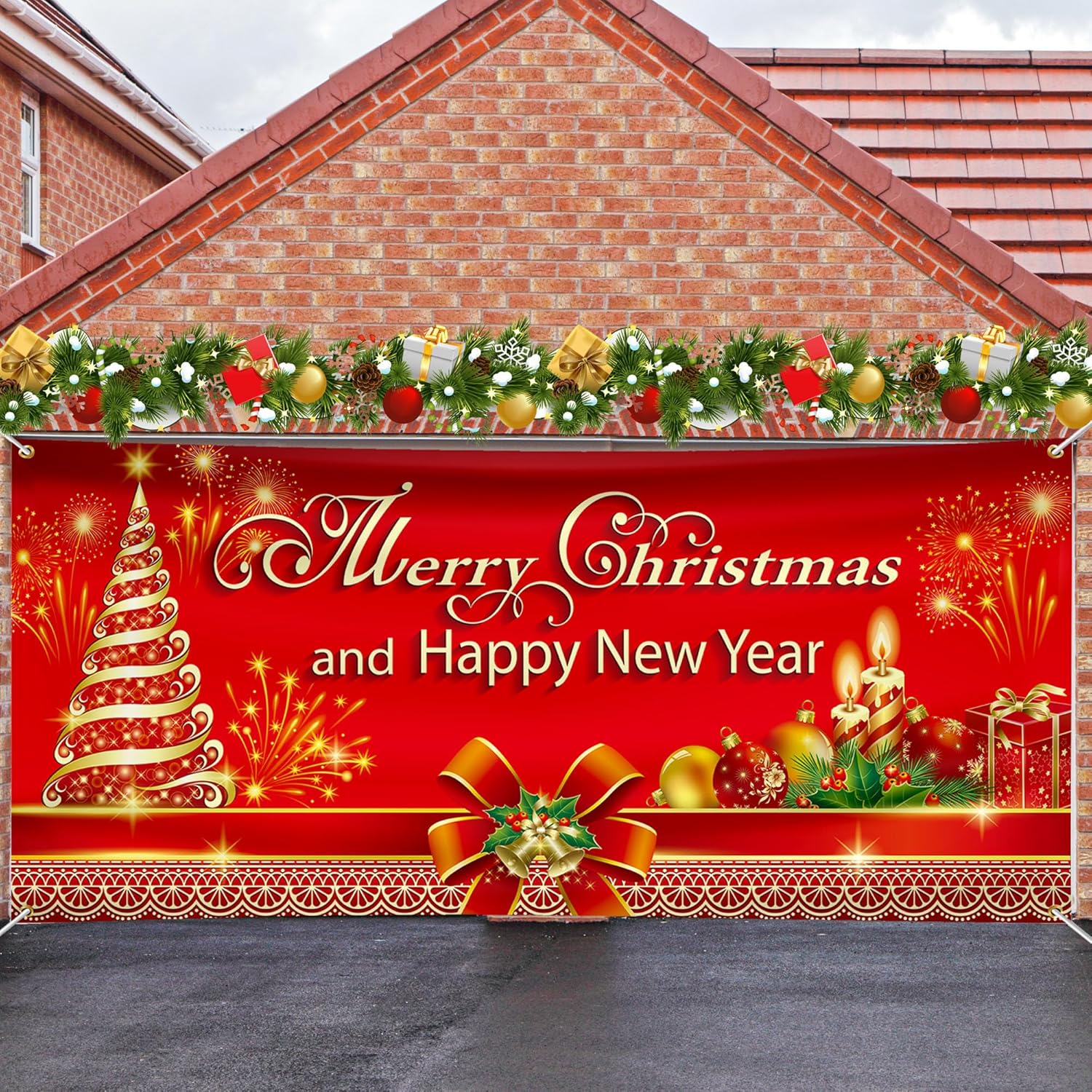Garage Door Decorations - Large Christmas Garage Door Banner 13 x 6 FT Merry Christmas Garage Door Cover Happy New Year Backdrop Photo Background Decorations for Indoor Outdoor Holiday Home Party Supplies