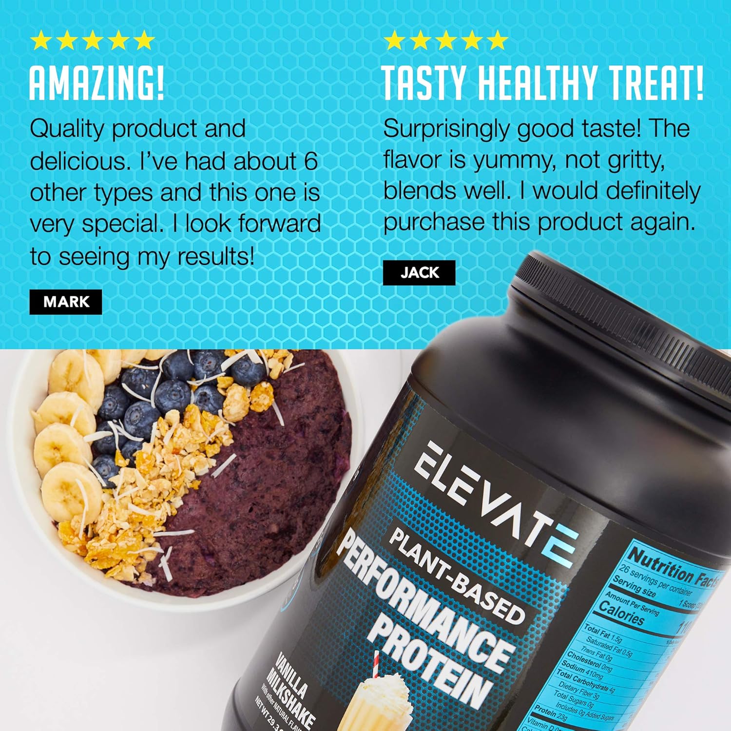 Plant Based Vegan Protein Powder with High BCAAs and Glutamine, Low Carb Protein Powder Vanilla Milkshake, Non GMO, NO Sugar, Dairy and Soy Free (26 Servings) - Elevate Nutrition: Health & Personal Care