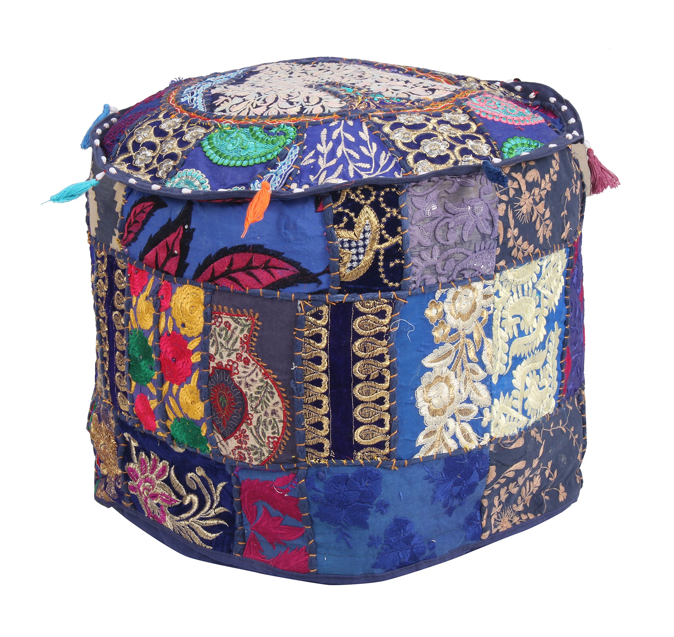 Jaipur Textile Hub Boho Pouf Cover Khamadiya Indian Vintage Home Décor Ottoman Cover Floor Cushion Cover Hippy Room Décor (Ottoman Cover 22x12x22 Inch, Blue)