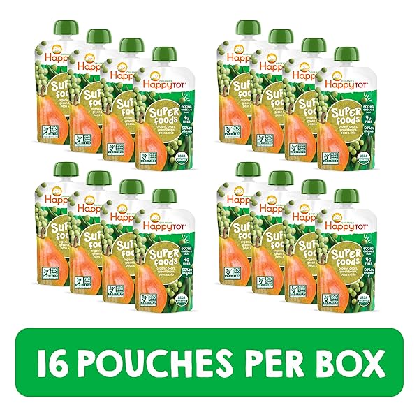 HAPPYTOT ORGANICS STAGE 4 BABY FOOD POUCHES, GLUTEN FREE, VEGAN SNACK, SUPERFOODS FRUIT & VEGGIE PUREE, PEARS, PEAS, GREEN BEANS & CHIA, 4.22 OUNCE (PACK OF 16)