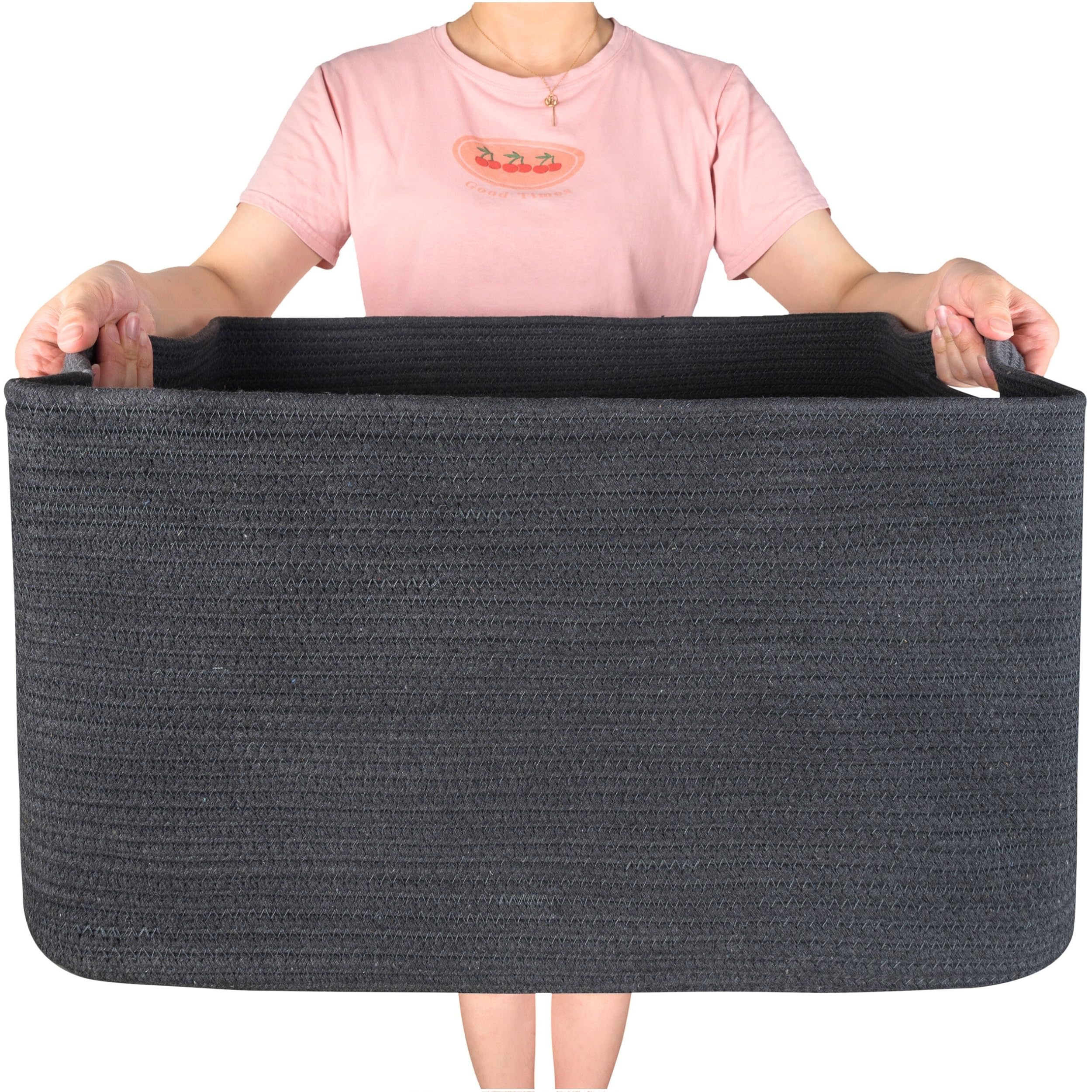 Photo 1 of MINTWOOD Design 22in Extra Large Blanket Basket Holder Living Room, Rectangle Rope Woven Storage Basket with Handles for Laundry, Pool Towels, and Shoes, Dog Toy Organizer Bin Box, Charcoal