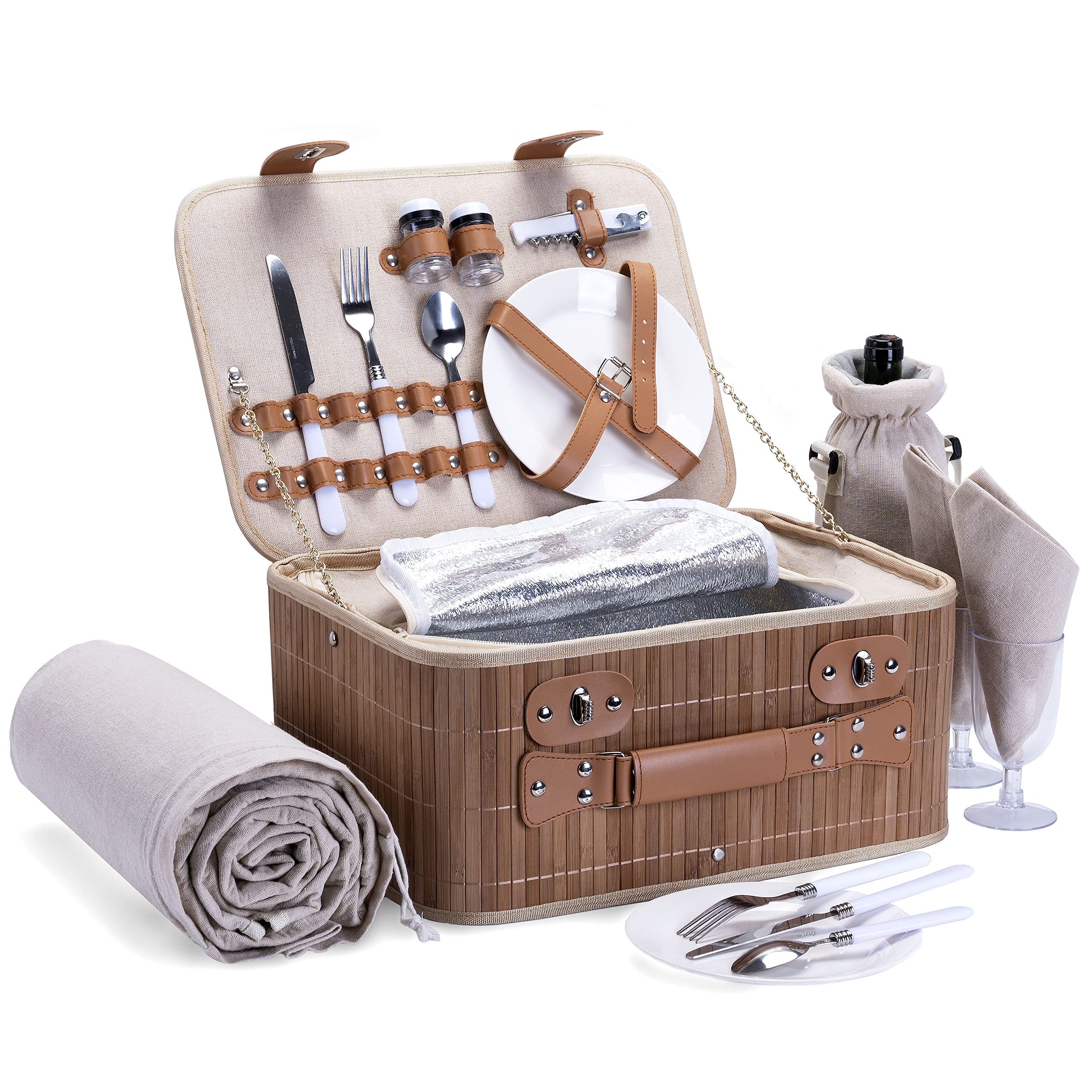 Photo 1 of Picnic Basket Set for 2 with Waterproof Blanket Insulated Wine Pouch Hamper with Cutlery for Two Persons, Family,Couple,Camping,Outdoor,Wedding Gift, Birthday