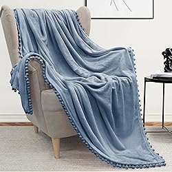 PAVILIA Dusty Blue Throw Blanket Pom Pom for