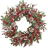 VGIA 20 Inch Christmas Wreath for Front Door Snowy Winter Wreath for Christmas Decorations Artificial Door Wreath with Pine Needles Pinecones Red Berries for Wall Window Holiday Party Xmas Decor