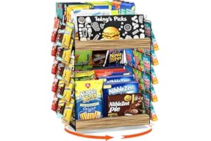 Emfogo Chip Rack Display Stand, 6 Tiers 50 Clips Snack Organizer, 360° Rotating Wood Base Candy Display Rack, Portable Retail