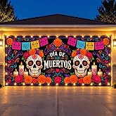 CrystalSylara 7x16 ft Day of Dead Lighted Garage Door Banner Sugar Skull | Dia De Los Muertos Mexican Fiesta Decor, Lightweight Outdoor Backdrop, No Battery Needed, Vibrant Skull Design