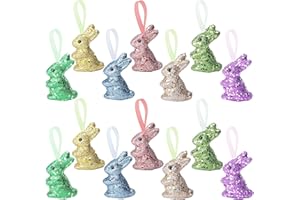 Watayo 14 PCS Easter Foam Glitter Rabbit Ornament-Easter Colored Bunny Hanging Ornament for Easter Party Supplies DIY Decoration Gift