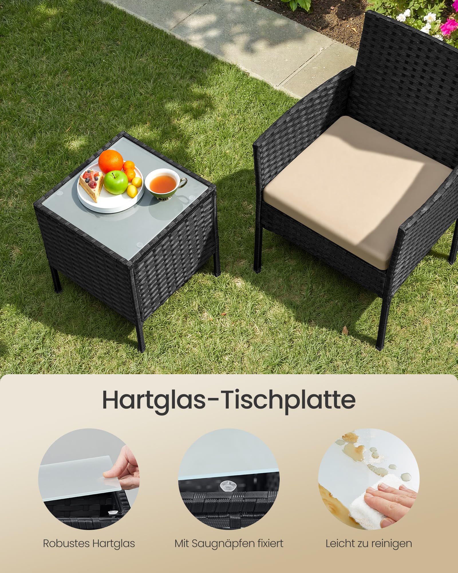 SONGMICS Balkonmöbel, Gartenmöbel-Set, aus PE-Polyrattan, Lounge-Set, Tisch und 2 Stühle, Terrassenmöbel, Outdoor, für Terrasse, Balkon, Garten, schwarz-Taupe GGF003B01 5