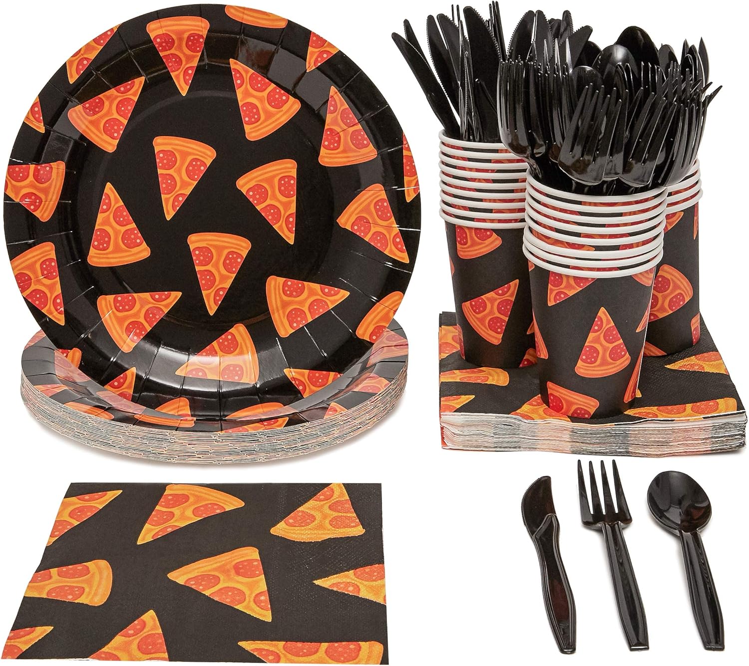 Juvale Pizza Birthday Party Supplies Pack - Serves 24 - Includes Knives, Spoons, Forks, Plates, Napkins, and Cups