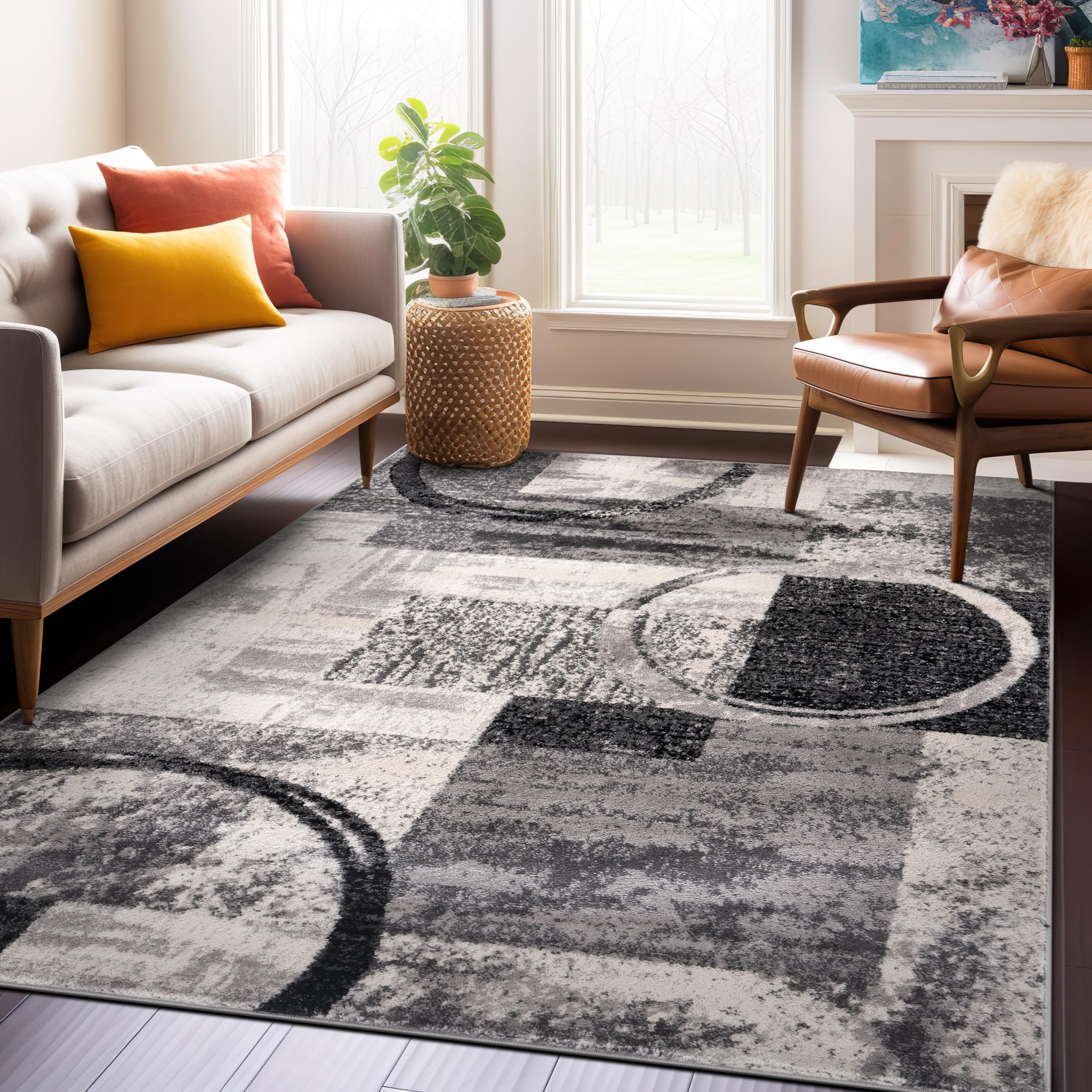 Rugshop Contemporary Circle Design Area Rug, Fade-Resistant Carpet for Bedroom, Dining Room, or Home Office, Cream, 6'6" x 9' Image