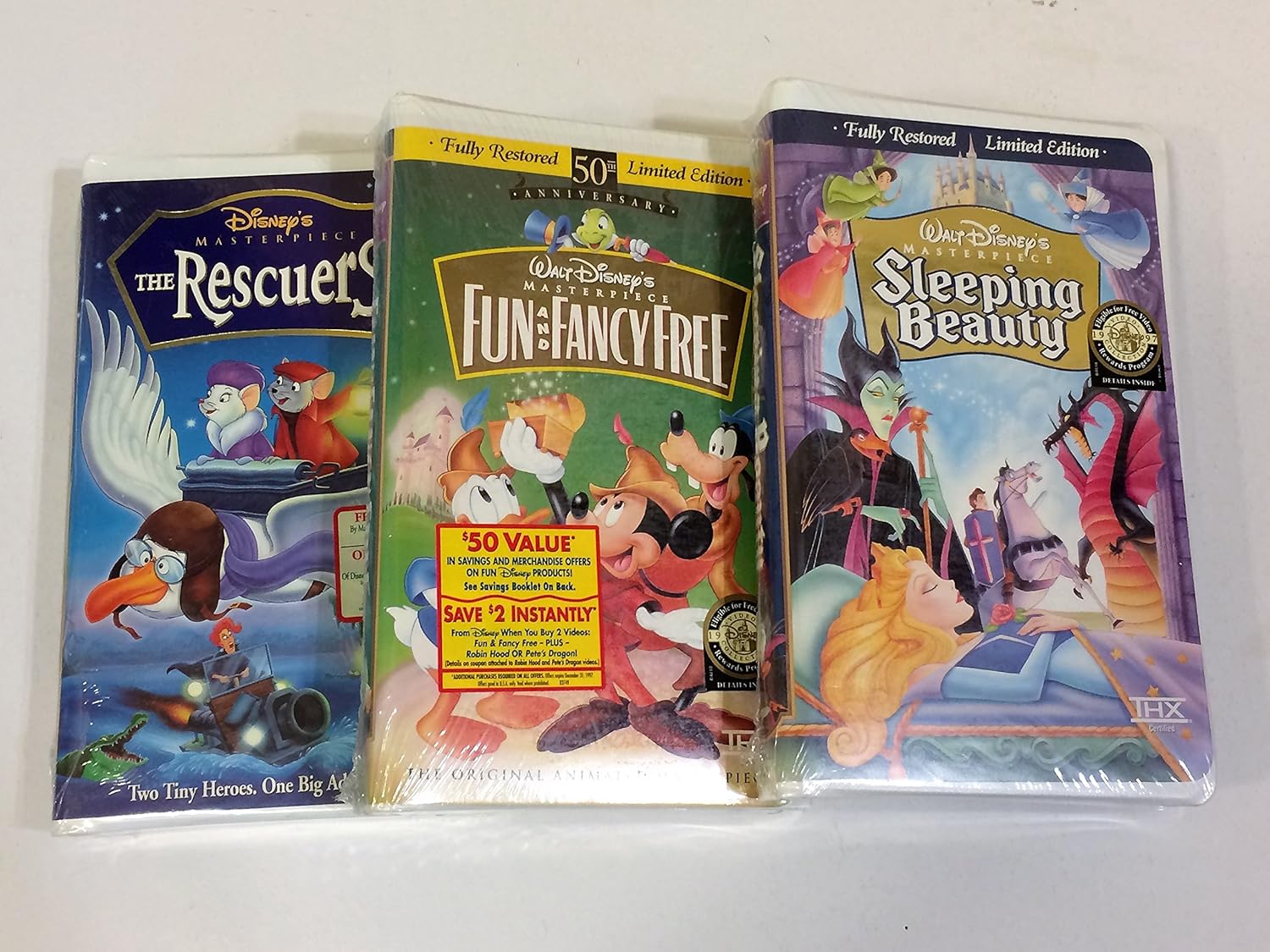 Amazon Com 3 Walt Disney S Vhs Tapes Fun Fancy Free Sleeping Beauty Rescuers Movies Tv