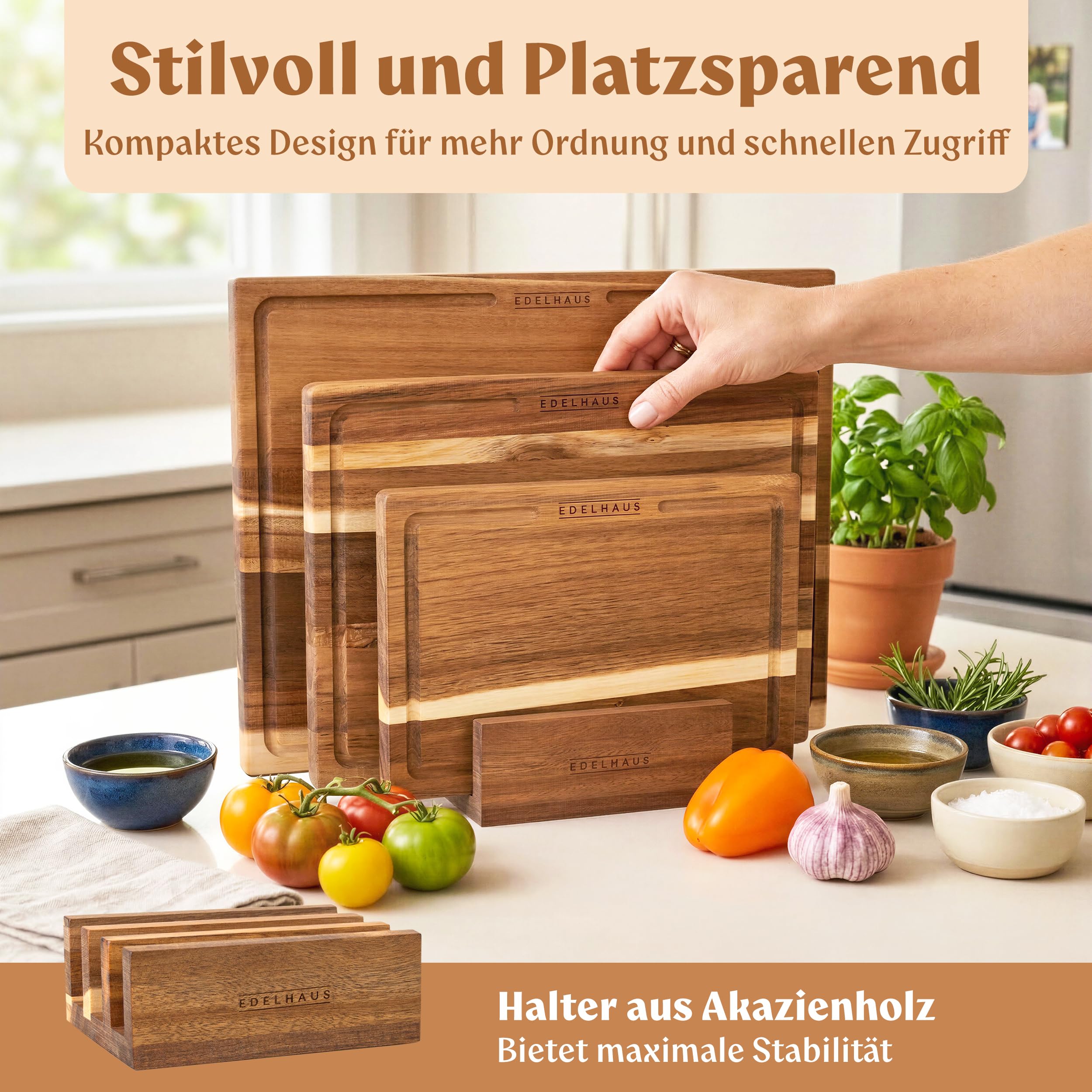 EDELHAUS Schneidebrett Holz 3er Set (40x30cm / 33x24cm / 26x18cm) Holzschneidebrett aus Massiver Akazie - 2cm dicke Holzbretter Küche mit Saftrille - Design Cutting Board Schneidbrett Set 6