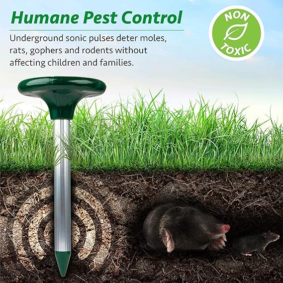 Amazon.com : Livin Well Solar Mole Repellent Yard Stakes - 4pk Ultrasonic Outdoor Pest Control Rodent Repeller Spikes, Get Rid of Moles Voles and Gophers ...