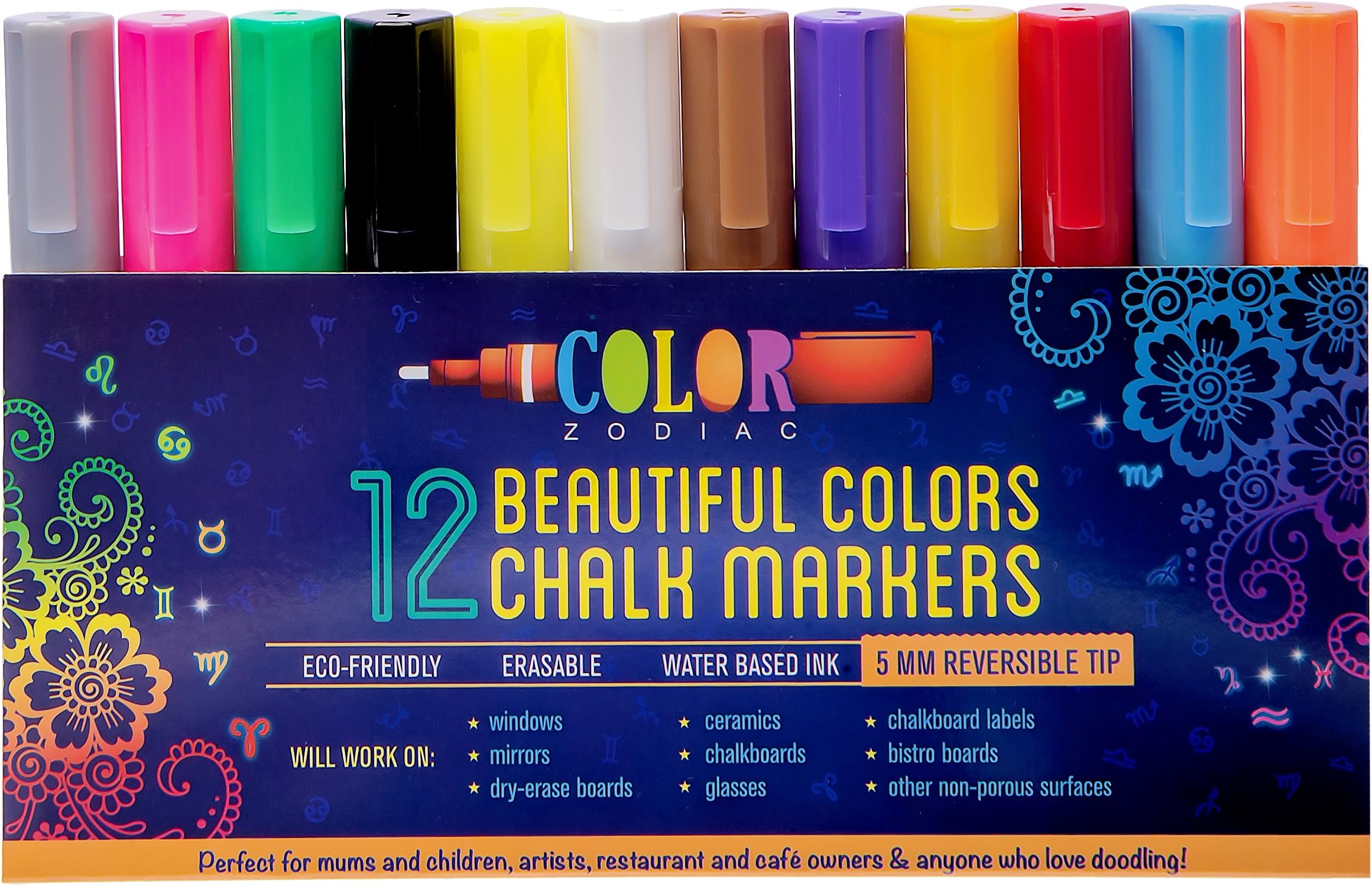 Liquid Chalk Markers By Color Zodiac - For Moms, Kids, Artists, Bistro Owners - 12 Vivid Colors - Eco-Friendly, Water-Based Ink Won't Stain Fingers Or Clothes - 5mm Reversible Tip - Perfect For Arts & Crafts!