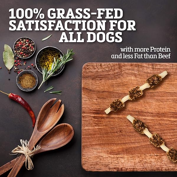 BUFFALO RANGE RAWHIDE DOG TREATS | HEALTHY, GRASS-FED BUFFALO JERKY RAW HIDE CHEWS | HICKORY SMOKED FLAVOR | JERKY KABOB WITH BULLYPIECE | 12 COUNT