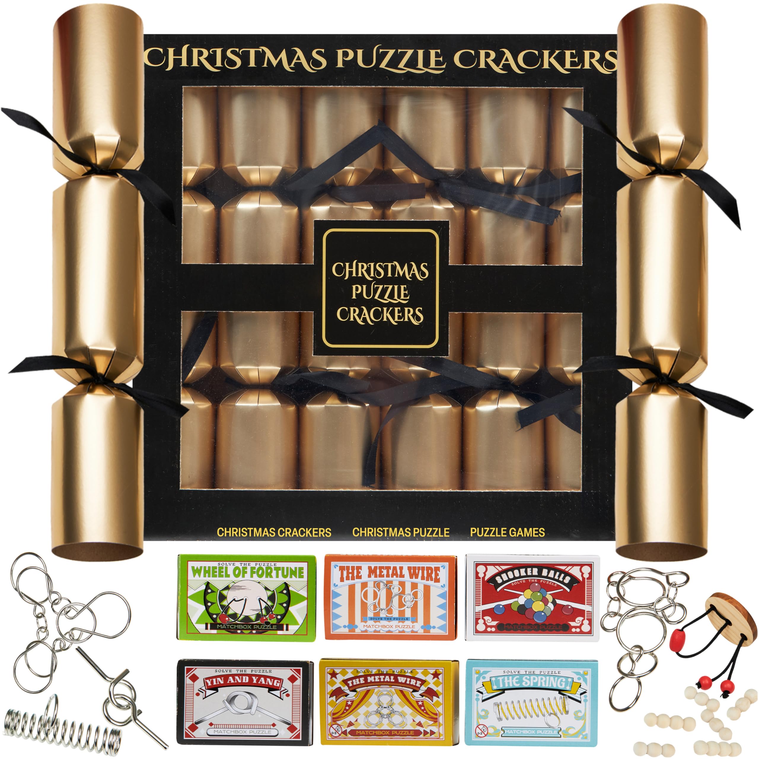 KreativeKraft Luxury Christmas Crackers, Pack of 6 Deluxe Xmas Crackers with Toys Jigsaw Puzzles or Kazoo, Fun Novelty Christmas & Party Table Gifts (Black Puzzle)