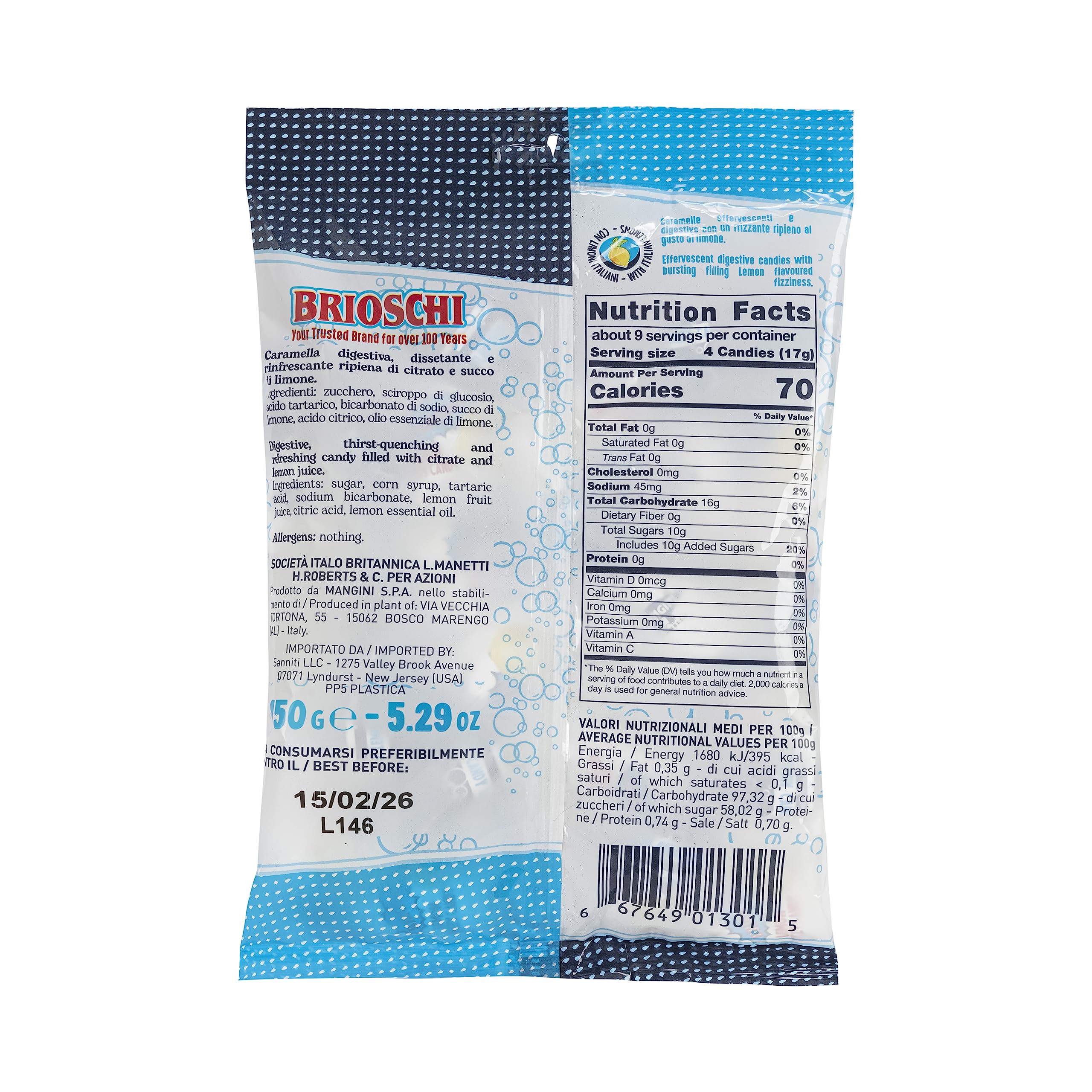 Brioschi Lemon Flavored Effervescent Fizzy Digestive Italian Candies (5.29 oz)