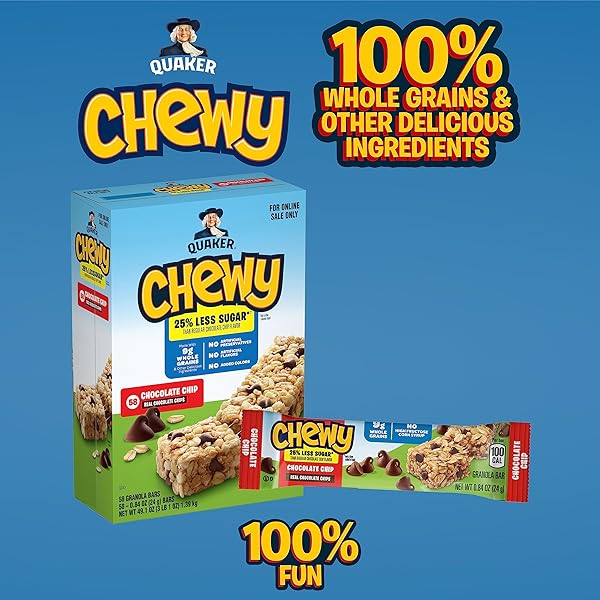 QUAKER CHEWY LOWER SUGAR GRANOLA BARS, CHOCOLATE CHIP, 58 COUNT