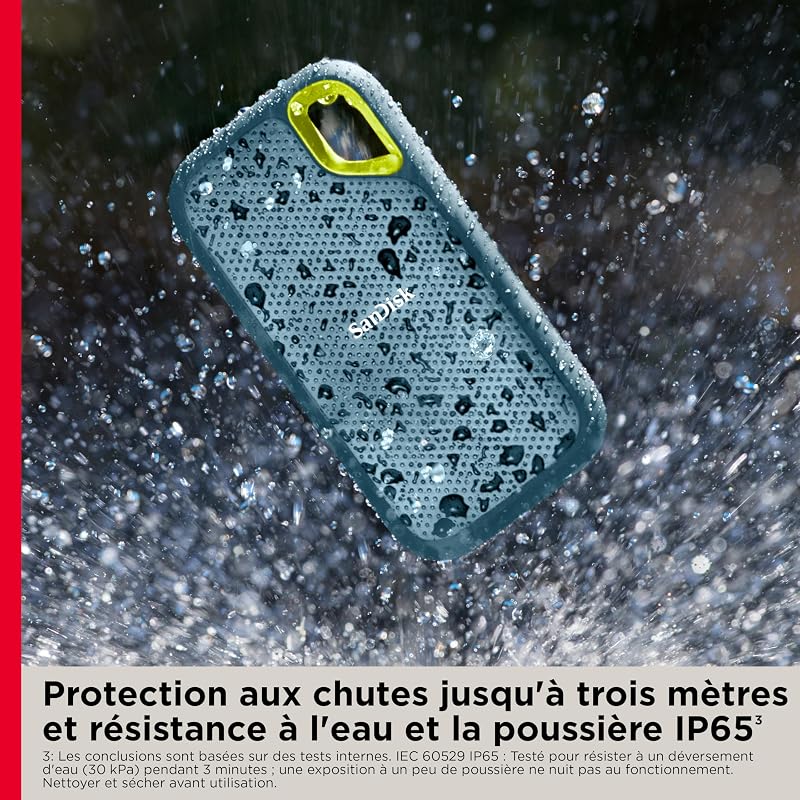 Extreme Disque SSD Externe 1 To (jusqu'à 1050 Mo/s en lecture, 1000 Mo/s en écriture, USB-C, Portable NVMe, Résistance à la poussière et à l'eau classée IP65, Mousqueton pratique)Monterey