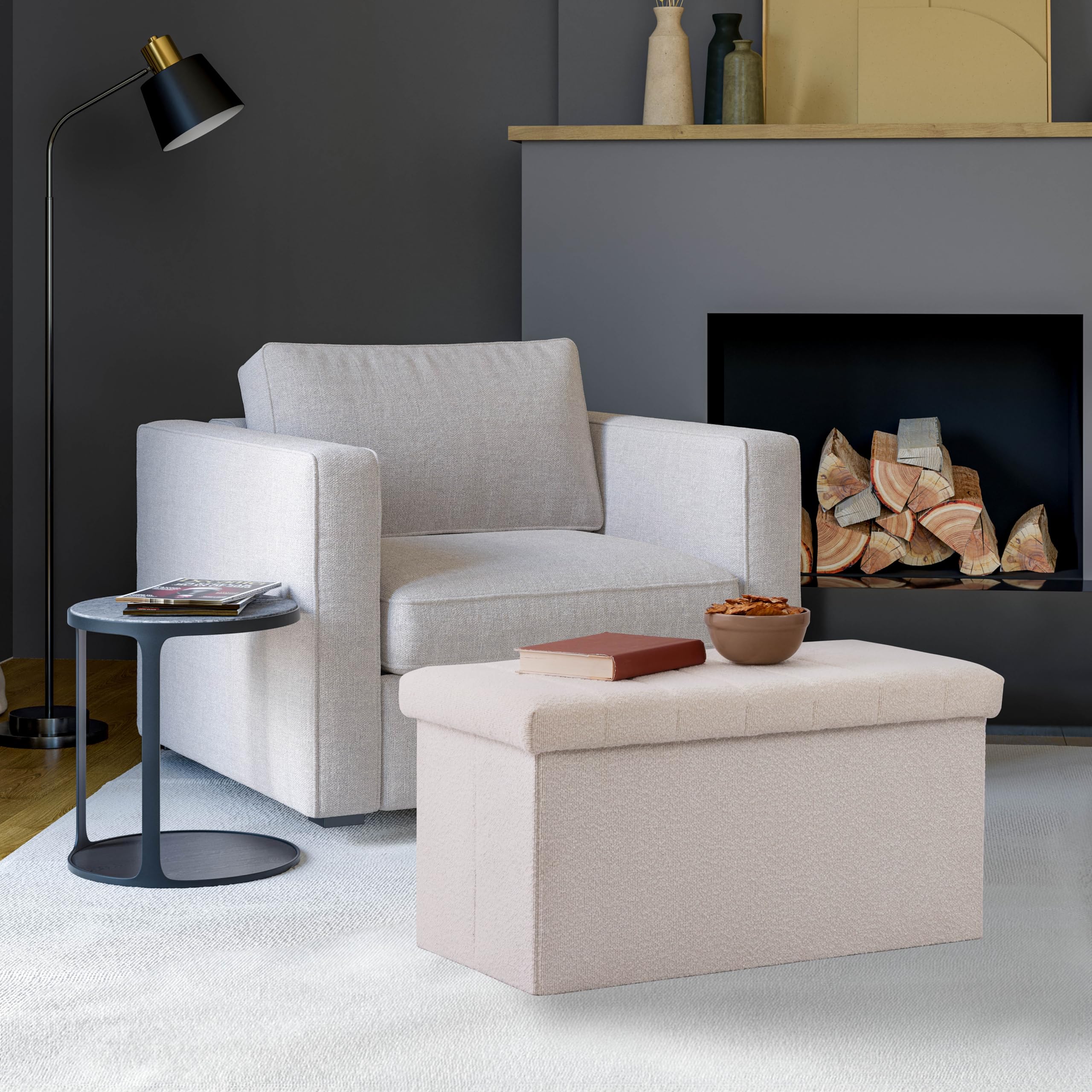 Seville Classics Cushioned Fabric Ottoman Hidden Storage Chest Footrest Chair, Padded Seat for Bedroom, Dorm, Loft, Living Room, Entryway, Hallway, White Boucle, 30" Bench - Image 3