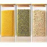 57oz - 3 Pack Square Glass Jars with Bamboo Lids, Glass Food Storage Containers with Airtight Lids for Kitchen, Air Tight Pantry Storage Containers for Cereal, Pasta, Rice, Sugar, Coffee, Spice